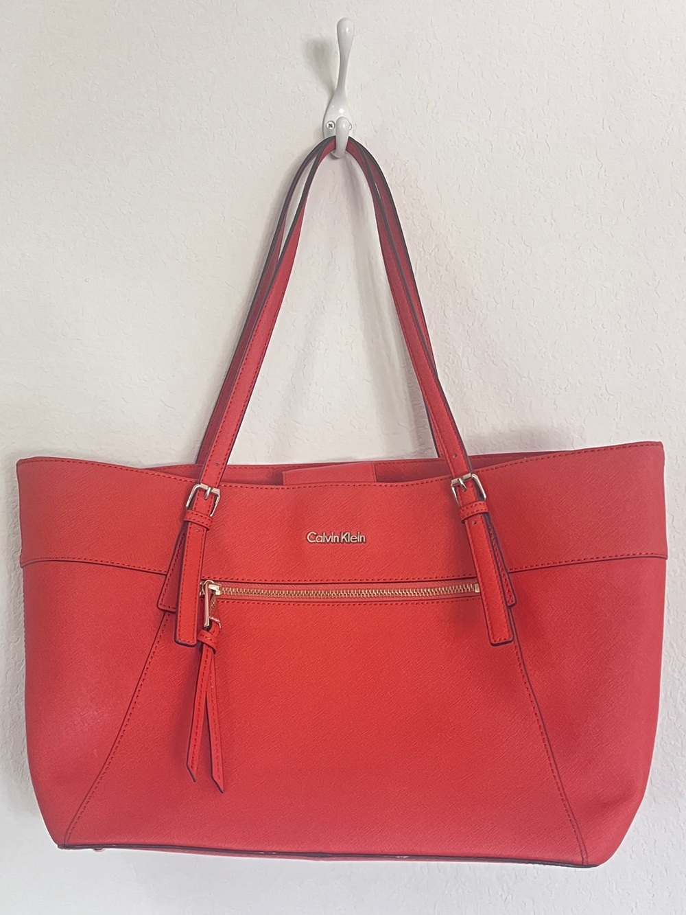 Calvin Klein Saffiano Orange Leather Large Tote Handbag with Dust Bag